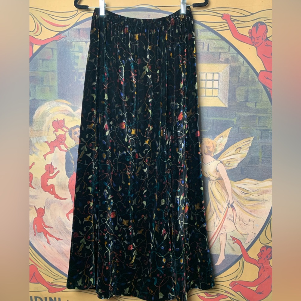 Whimsigoth Velvet Floral SilkLand Black Maxi Skirt